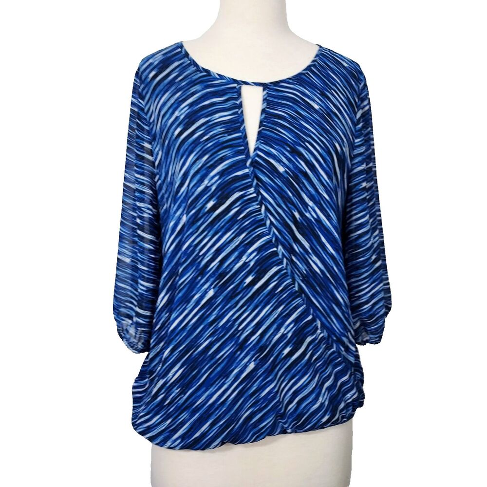 Vince Camuto Size Medium Blue White Faux Wrap Top Blouse 3/4 Sleeve Shirt